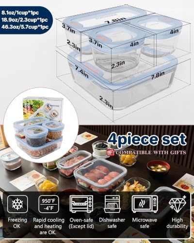 4-Pack Glass Food Storage Containers with Tempered Lids – Borosilicate, Airtight, Oven-Safe (-4°F~950°F), BPA-Free, 1Cup*2 & 2.3Cup*1 & 5.7Cup*1(Light blue) - Image 5
