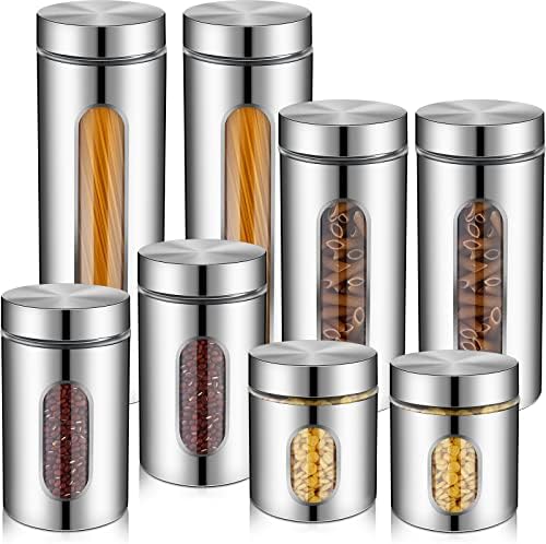 Zopeal 8 Pcs Kitchen Canister Set Stainless Steel Nested Canister Storage Set with Glass Window Airtight Lid Coffee Sugar Tea Storage Jars for Flour Pasta Cookies Spices Grains (Silver) by Zopeal