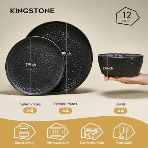 KINGSTONE 12-Piece Hammered Ceramic Dinnerware Sets, Matte Black - Image 2