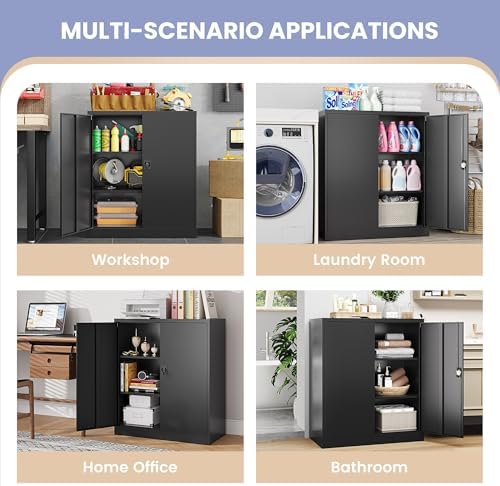 Metal Storage Cabinet, Wide & Deep File Cabinet with 2 Doors and Adjustable Shelves, Lockable Tool Cabinet for Garage,Home Office and School (Black) - Image 5