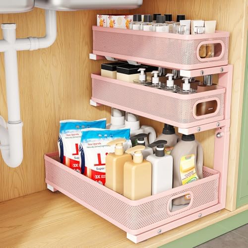 Kitstorack Under Sink Organizer, 1-Pack 3-Tier Height Adjustable Thickened Metal Pull out Cabinet Organizer Shelf, Slide out Storage Drawer Rack for Bathroom Kitchen Pantry Home Organization, Pink by Kitstorack