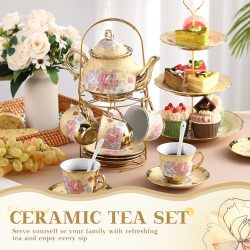 21 Pcs Porcelain Tea Set with 3 Tier Dessert Stand, Yellow, Vintage - Image 3