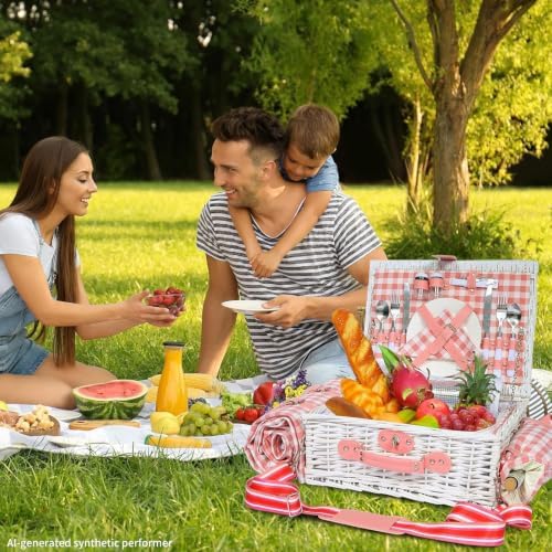 Pink Wicker Picnic Basket for 2, Blanket & Wine Pouch, 16.6" - Image 2
