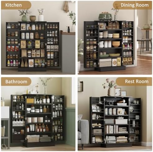 HOMCOM 41" Kitchen Pantry Storage Cabinet 12 Door Shelves Black - Image 7
