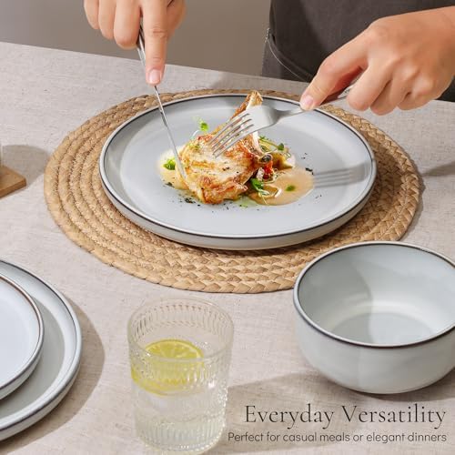 E-far Stoneware Dinnerware Sets for 8, 24 Pieces Reactive Glaze Plates and Bowls Sets, Elegant Dishes with Rustic Terracotta Clay Base, Dishwasher & Microwave Safe, Scratch Resistant, Glacier White - Image 6