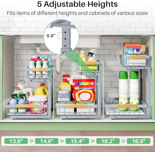 Kitstorack Under Sink Organizer, 2 Tier Under the Sink Storage, Slide out Pull out Cabinet Organizer Shelf, Metal Sliding Drawer for Kitchen Bathroom Pantry Closet Organization Rack, Grey, 2 Pack - Image 7