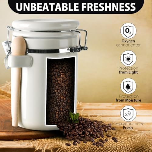 4 Piece Airtight Ceramic Canister Set With Attached Wooden Spoon Reusable Chalk Labels For Dry Goods Sugar Coffee Tea Kitchen Storage Use (White) - Image 4