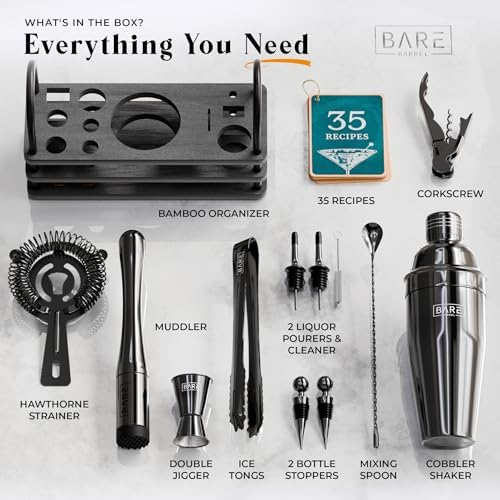BARE BARREL® Mixology Bartender Kit Bar Set | 14-Piece Cocktail Shaker Set | Martini Barware Mixing Tools for Home Bartending | 35 Recipe Cards | Gift Set (24oz Cobbler Shaker, Jet Black/Black) - Image 4