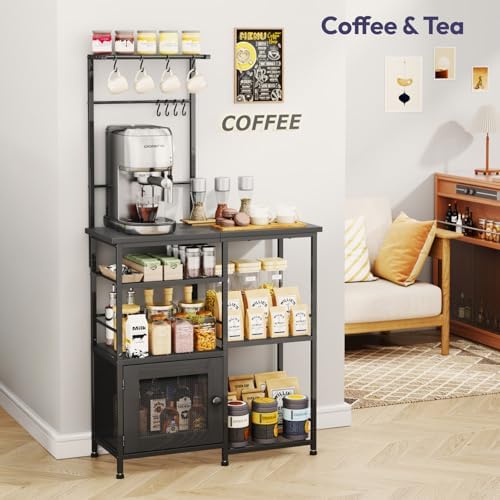 SWTYMIKI Bakers Rack with Storage - Coffee Bar Cabinet Organizer with 8 Hooks, Shelves & Cabinet Door, Coffee Station for Kitchen Dining Room, Microwave Stand with Adjustable Feet, Black - Image 5