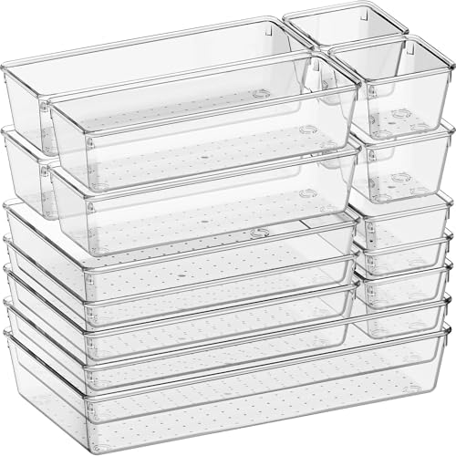 Criusia 16 Pack Large Clear Plastic Drawer Organizer Bins - 5 Size Acrylic Bathroom and Vanity Organizers and Storage Trays for Makeup Office Home, Kitchen Drawer Organizer for Utensils, Gadgets by Criusia