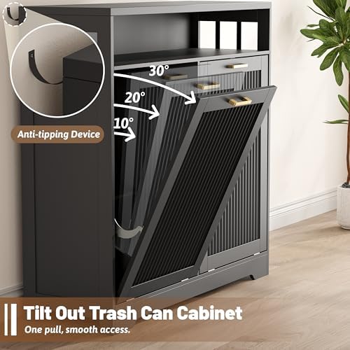 13 Gallon Double Tilt Out Trash Can Cabinet with Open Shelf & Storage - Pet Proof Hidden Recycling Cabinet & Wooden Laundry Hamper for Kitchen, Bathroom, Living Room, Black - Image 6