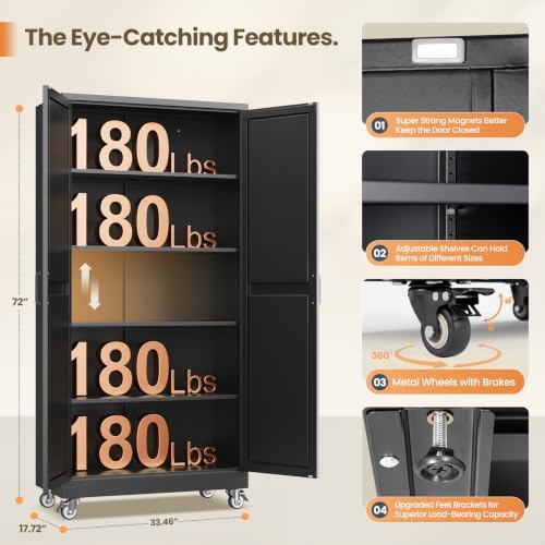 Yizosh 72"Black Metal Dining Storage Cabinet,Wheeled Garage Storage Cabinet - Image 3