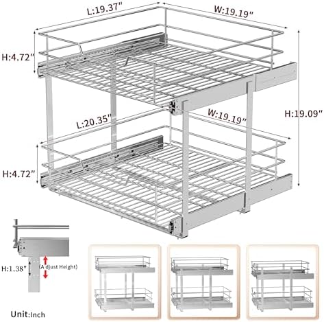 EZKAZA Pull Out Cabinet Organizer for Kitchen Utensil 20.5" W x 21" D, 2-Tier Cabinet Pullout Shelves and Drawer Organizer Slide Out Pantry Storage Basket, Bottom Basket 19.2" W x 20.4" D x 4.7" H - Image 5