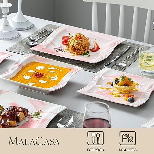 MALACASA Dinnerware Sets, 30-Piece Pink Plates and Bowls Sets for 6, Porcelain Dinnerware Set with Plates and Bowls, Cups and Sacuers, Square Dish Set, Modern Dining Ware Set, Series Flora - Image 4