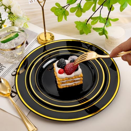 bUCLA 600PCS Black and Gold Disposable Dinnerware Set - Black Plastic Plates Disposable for Party Include 100 Dinner&100 Dessert Plates,100 Knives,100 Forks,100 Spoons,100 Cups for Party & Graduation - Image 5