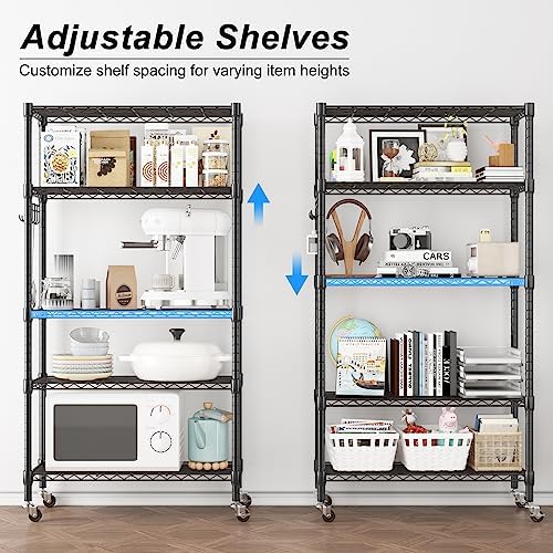 Homdox 5 Tier Metal Storage Shelves with Wheels, Heavy Duty Wire Shelving Unit, Adjustable Storage Racks with Side Hooks for Bathroom Kitchen Garage Pantry Organization, Black - Image 4
