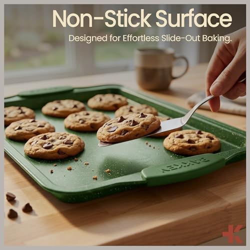 BAKKEN Kitchen Baking Pan Set - Nonstick Green Marble Coating, Carbon Steel Bakeware Sets with Green Silicone Handles, Kitchen Essentials, PFOA, PFOS, PTFE Free, Oven Safe (Up To 450° F), Set of 18 - Image 5