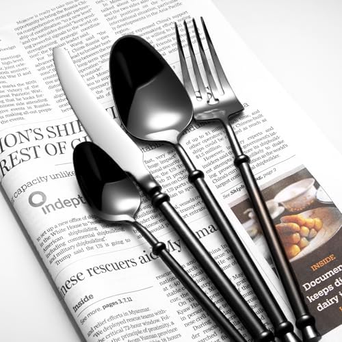 Black Silverware Set for 4 Unique 18/10 Stainless Steel 16 Piece Flatware Sets Mirror Polished Elegant Cutlery Utensils Set for Home Kitchen Dishwasher Safe Nice Weight - Image 3