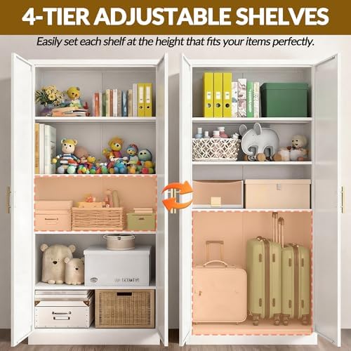 BESFUR 71" Tall White Kitchen Pantry Cabinet, Metal Food Storage Cabinet with 4 Adjustable Shelves, Freestanding Cupboard with Doors for Kitchen, Dining Room, Living Room, Bathroom, Laundry Room - Image 4