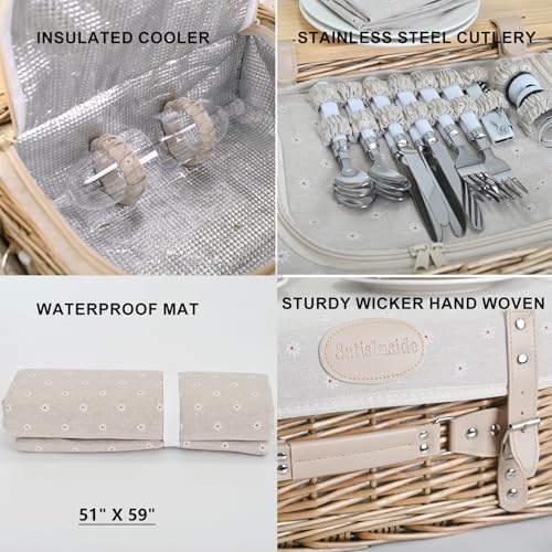 Multifunctional Wicker Picnic Basket Set for 4 with Blanket and Picnic Table, Insulated Picnic Set with Full Tablewares for Camping Outdoor Couples, Flowers - Image 4