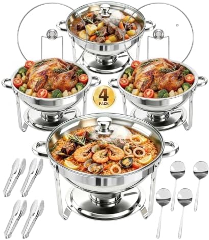 Chafing Dishes for Buffet Set,4 Pack 5QT Round Stainless Steel Chafing Dish Set, Food Warmers for Parties Buffet for Home Parties, Christmas Gatherings, Catering Events Complete Buffet Warmer Set by Unknown