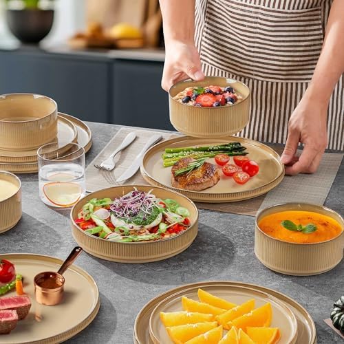 LIANYU 16 Piece Dinnerware Sets with Double Bowls, Ceramic Plates and Bowls Set for 4, Ribbed Stoneware Dishes, Microwave and Dishwasher Safe, Dune Khaki - Image 4