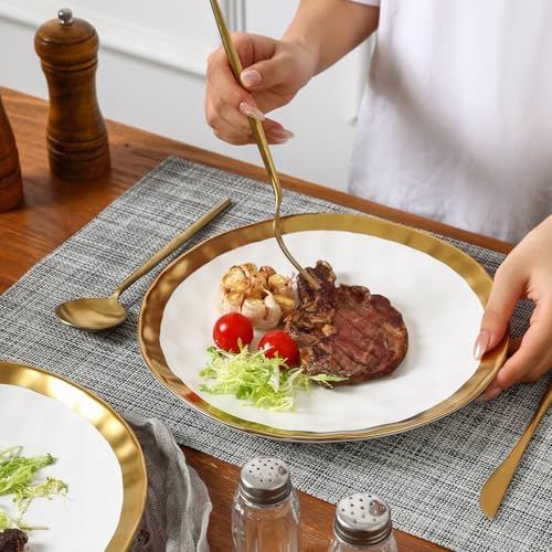 vicrays Ceramic Dinner Plates Set, 10 Inch, Set of 6, Round, Dishwasher Safe, NOT Microwave Safe, Suitable for Steak, Pasta, Home, Party, Restaurant（White with Golden） - Image 5