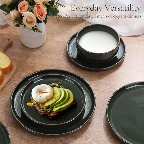 E-far Stoneware Dinnerware Sets for 6, 18 Pieces Reactive Glaze Plates and Bowls Sets, Elegant Dishes with Rustic Terracotta Clay Base, Dishwasher & Microwave Safe, Scratch Resistant, Blackish Green - Image 4