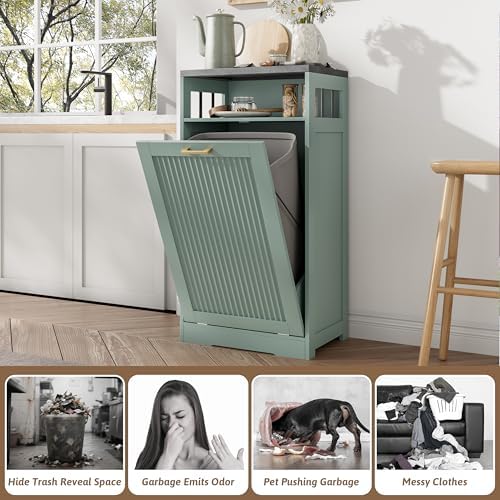 Pet-Proof Single 13 Gallon Tilt Out Trash Can Cabinet with Open Storage – Hide Garbage & Recycling Bins to Keep Your Kitchen Clean and Organized,Green - Image 6