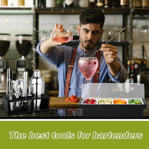 Mifoci 23 Pcs Bartender Supplies Kit Garnish Tray for Bartenders with Bar Caddy 3 Tier Salt Rimmer 13 Pcs Cocktail Shaker Set and Bar Accessory for Christmas Bartender Gifts Beginners(4 Compartments) - Image 6