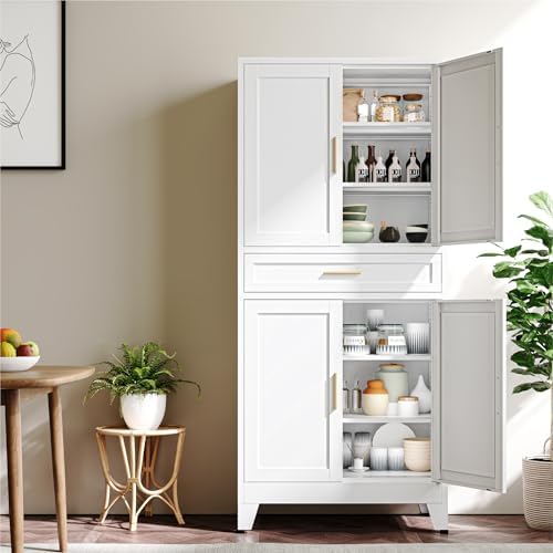 YAUWOH 71''Tall Kitchen Pantry Cabinet with Drawer,6-Tiers Metal Pantry Storage Cabinet with 4 Adjustable Shelves and 4 Barn Doors, Freestanding Farmhouse Food Cupboard for Dining Room (1PC,White) - Image 7