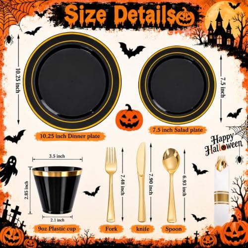 WELLIFE 210PCS Black and Gold Plastic Plates - Plastic Dinnerware Set for 30 Guests,Include 30 Dinner Plates, 30 Dessert Plates, 30 Black Cups 9 OZ, 30 Pre Rolled Napkins with Gold Silverware - Image 2