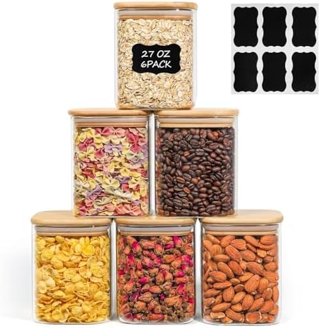 ComSaf Glass Jars with Bamboo Lids 0.8 Qt, Set of 6 Pantry Glass Jars by ComSaf