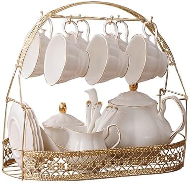 fanquare 15 Pieces Simple White English Ceramic Tea Sets,Tea Pot,Bone China Cups Without Metal Holder,Matching Spoons,Afternoon Tea Set Service Coffee Set by fanquare