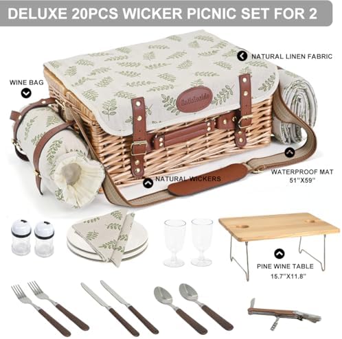 Multifunctional Wicker Picnic Basket Set for 2 with Blanket and Picnic Table, Insulated Picnic Set with Full Tablewares for Camping Outdoor Couples,Leaf - Image 5