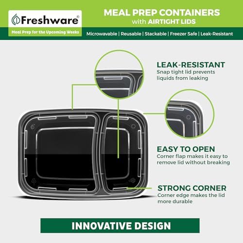 Freshware Meal Prep Containers with Lids 28 oz [150 Pack] 2-Compartment Food Storage Containers, Bento Box Lunch Containers, BPA Free, Airtight, Stackable, Reusable, Microwave/Dishwasher/Freezer Safe - Image 5