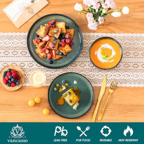 vancasso Starry 12 Pieces Dinnerware Sets for 4, Green Reactive Glaze Dishes Sets, Ceramic Plates and Bowls Set, Dinner Salad Dessert Plates, and Cereal Bowls Set, Dishwasher and Microwave Safe - Image 3