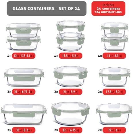 Nestl 48pc Glass Storage Containers with Lids, 24 Glass Food Storage Containers with 24 Airtight Lids for Pantry & Kitchen, Meal Prep Containers for Lunch, Oven Microwave & Dishwasher Safe, Sage Green - Image 3