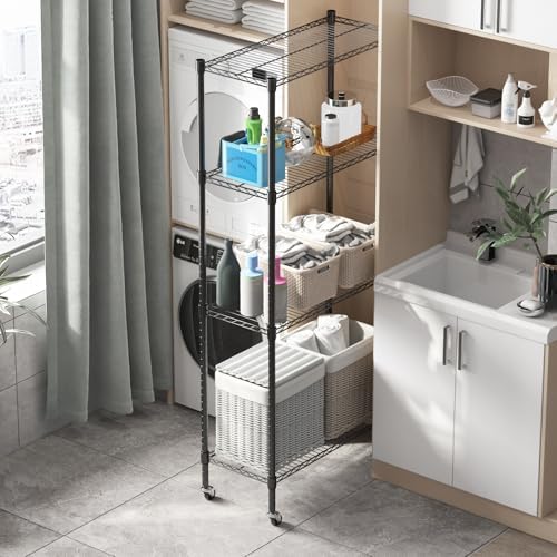 Homdox Heavy Duty 4-Tier Metal Shelving Unit with Adjustable Shelves, Rolling Storage Rack for Kitchen, Garage, Pantry, 29.92"x13.98"x74.41", Black - Image 5