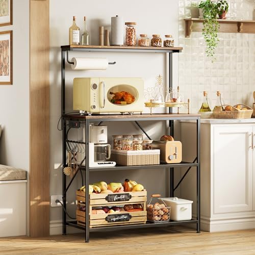 Huuger 4-Tier Bakers Rack with Reversible Power Outlet, 31.5 Inch Microwave Stand, Kitchen Coffee Bar, with Top Shelf, 6 S Hooks, Rustic Brown - Image 2