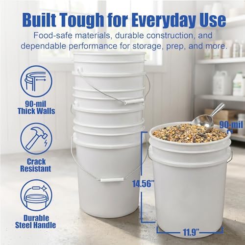 ePackageSupply 5 Gallon Bucket - Food Grade w/Lid BPA-Free, 6 Pack - White - Image 4