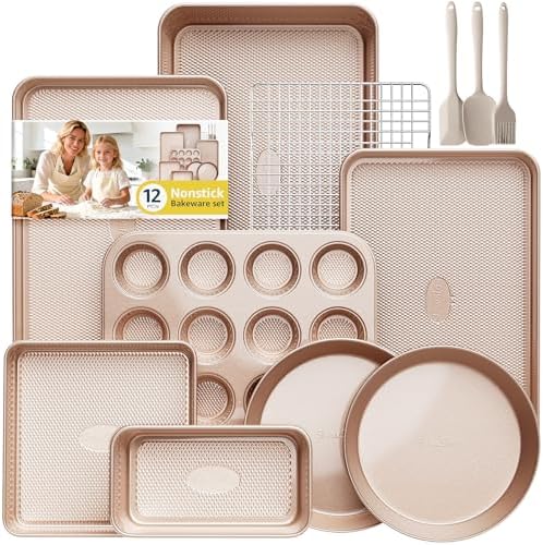 12-Piece Nonstick Bakeware Set with Baking Pan - Ceramic Coated Gold by SlowSLog