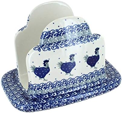 Blue Rose Polish Pottery - Blue Barnyard Rooster Napkin Holder - 5" x 6.5" - Ceramic Napkin Holders, Decorative Dining Table Accessories by BlueRosePottery
