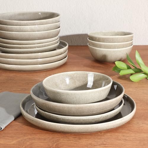 Gibson Elite Berea 16 Piece (Service for 4) Plates and Bowls Reactive Glaze Round Dishes Stoneware Ceramic Dinnerware Set -Taupe - Image 2