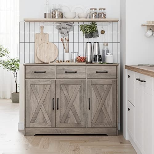 HOSTACK Kitchen Buffet Cabinet with Storage, Sideboard Coffee Bar, Grey - Image 2