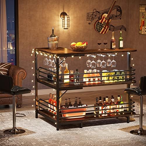 Tribesigns L-Shaped Home Bar Unit, 3 Tier Liquor Table With Storage Shelves and Wine Glasses Holder, Industrial Corner Wine Cabinet Mini Bar for Home Kitchen Pub, Rustic Brown - Image 3