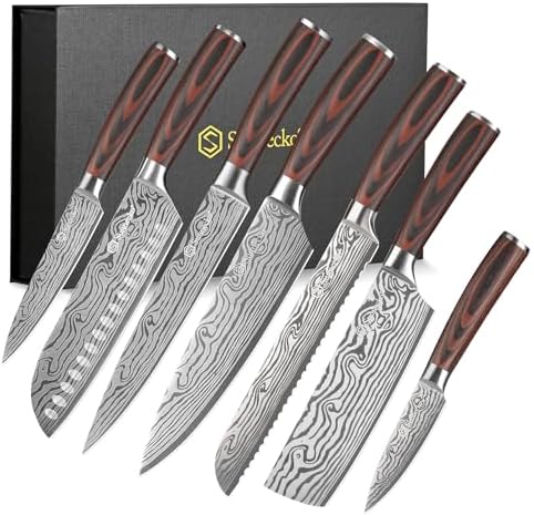Sunnecko Kitchen Knife Set 7 Piece Chef Knife Set Professional High Carbon Stainless Steel, Sharp Kitchen Knives with Wooden Handle by Sunnecko