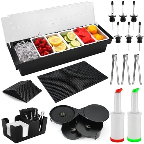 Bartending Supplies - 18" x 12" Bar Mat Garnish Tray with Lid Bar Caddy 3 Tier Bar Glass Rimmer, 2 Plastic Juice Pour Bottles 3 Mini Tongs 12 Classic Liquor Bottle Pourers 500 Cocktail Straws(Black) by NewEle