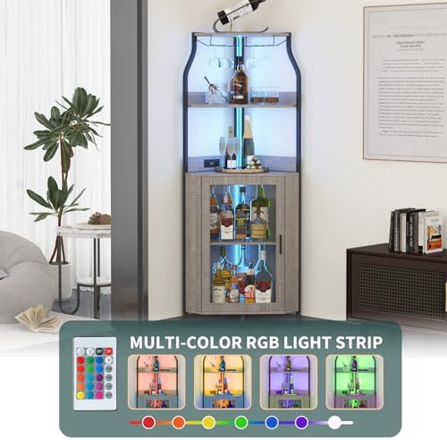 Garvee Corner Wine Bar Cabinet,5-Tier Farmhouse Corner Liquor Storage Cabinet with Barn Door,Glass Rack,Adjustable Shelves,Home Bar Storage for Dining Room,Kitchen,Living Room Grey - Image 5