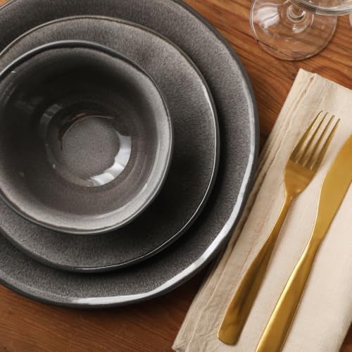 Gibson Elite Port Barton Plates and Bowls Sets, 12-Piece Stoneware Dinnerware Sets, Reactive Glaze Dish Set - Black - Image 6